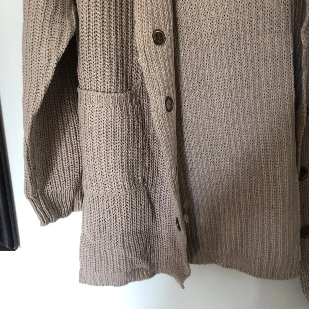 Say What ? Taupe Grommet Hooded Open Front Cardigan Sweater Sz L